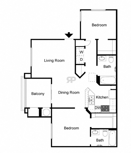 Floor plan for 2 beds, 2 baths, 925 sqft